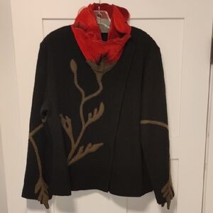 Covelo Anthropology Wool Sweater Jacket Silk Poppy Flower Botanical Applique